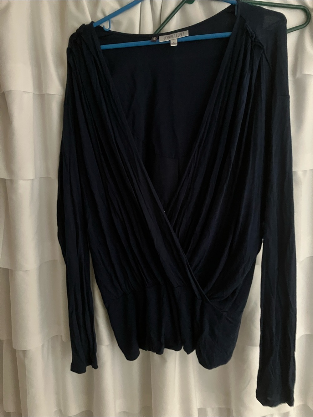 Jennifer Lopez Navy Draped Surplice Long Sleeve Top